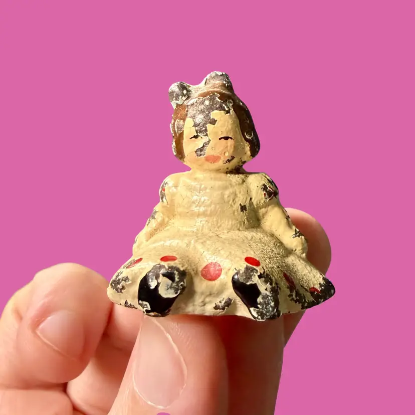 Antique Cast Iron Little Girl Doll Miniature Figurine Paperweight Americana READ