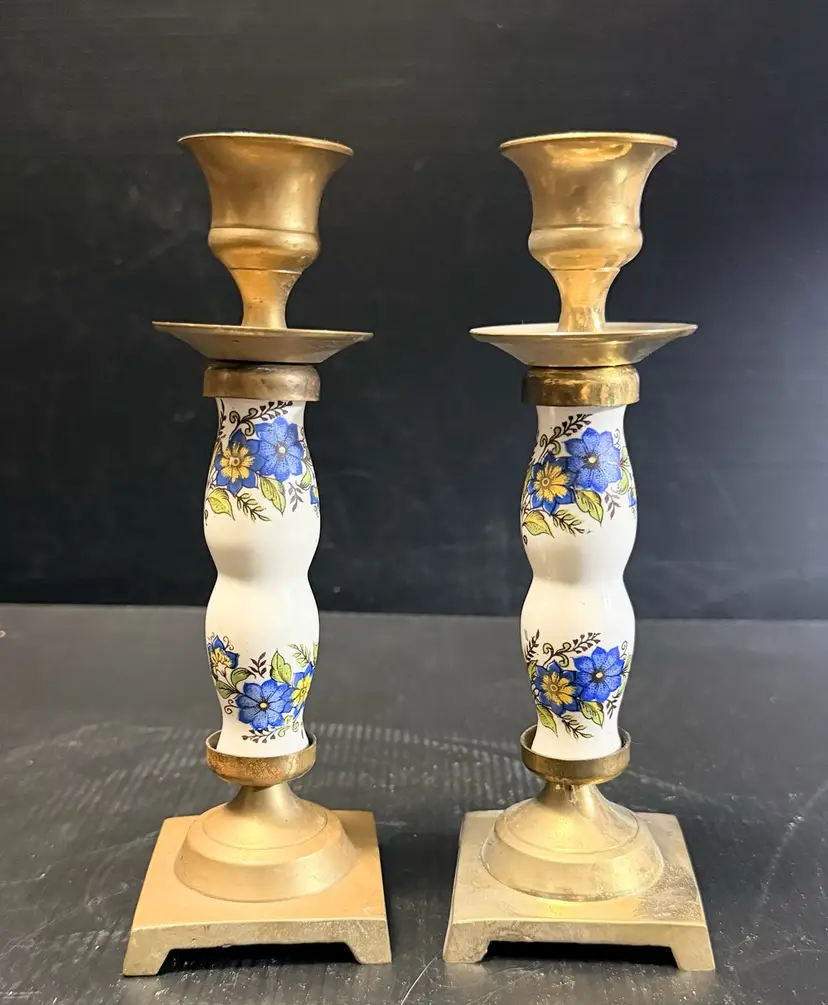Set Of 2 Solid Brass Candlestick Holder Ceramic Blue & Yellow Floral