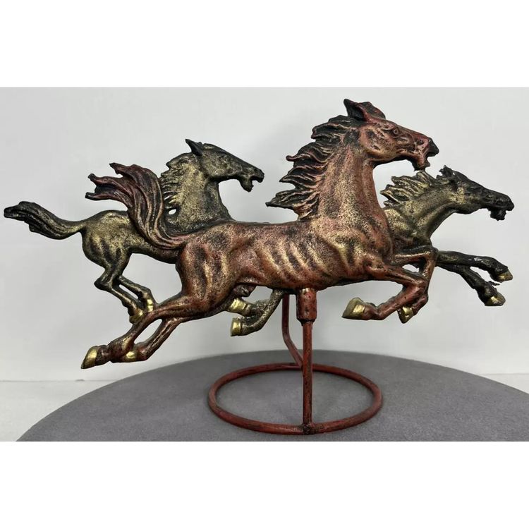 Vintage Galloping Horses Cast Metal Pillar Candle Holder Equestrian Decor