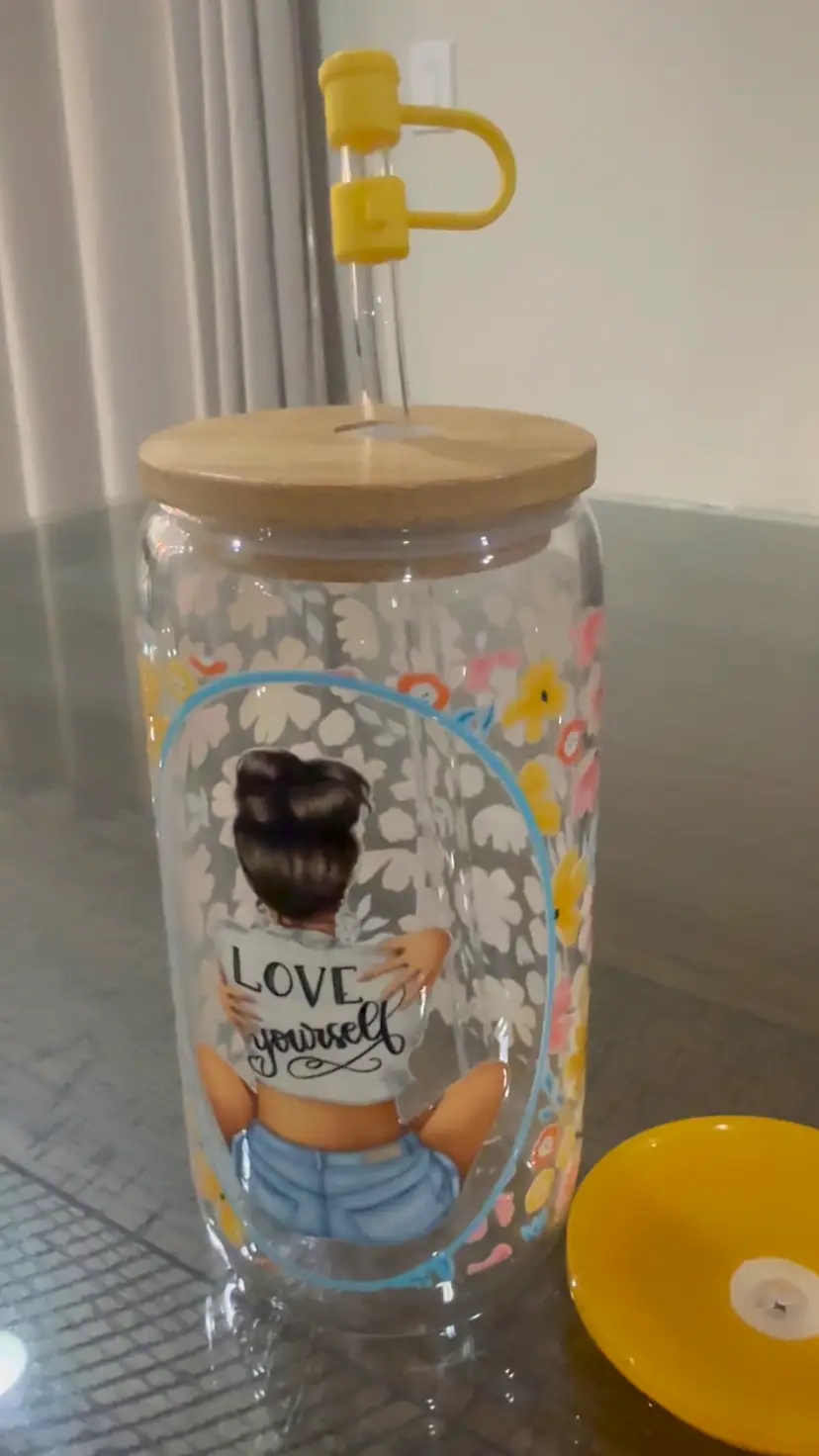 Love Yourself, Glass Tumbler With Straw And Two Lids 16 Ounces Cute Gift