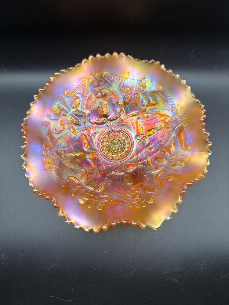 Northwood Carnival Glass 'Wishbone' Pattern Marigold Iridescent Bowl