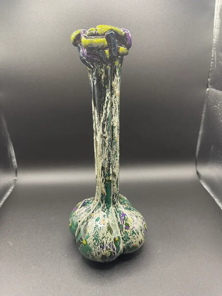 Green And Purple Glazed Hand Made Pottery Vase, Made In Maine- Artist Signed