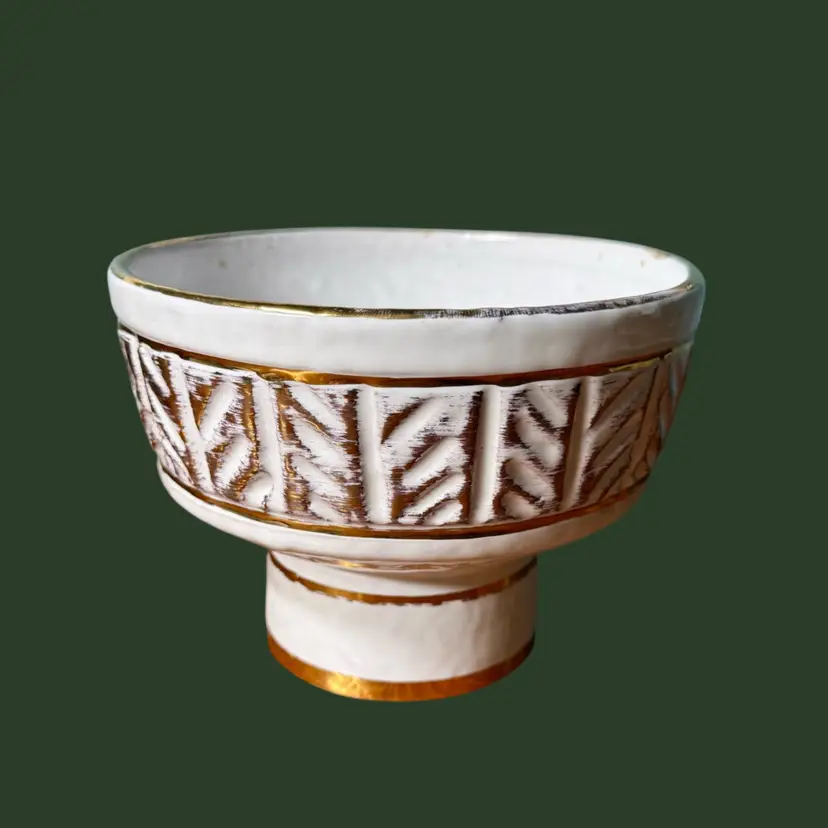 Vintage MCM ENESCO ITALY Ceramic Pedestal Bowl Planter, White & Gold Boho READ