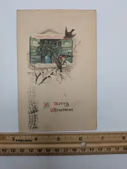 E83. Antique Postcard DOUBLE GREEN 1¢ STAMPS POSTMARKED 1917 A MERRY CHRISTMAS BIRDS