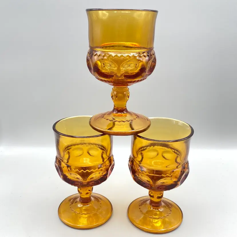 Vintage Indiana Glass Cordial Wine Kings Crown Thumbprint Yellow Amber Retro