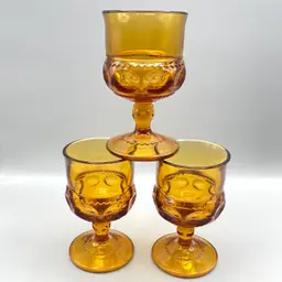 Vintage Indiana Glass Cordial Wine Kings Crown Thumbprint Yellow Amber Retro