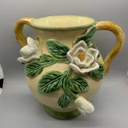 Vintage 3 D Art Pottery Floral Double Handle Urn Vase Applied Flowers 9"