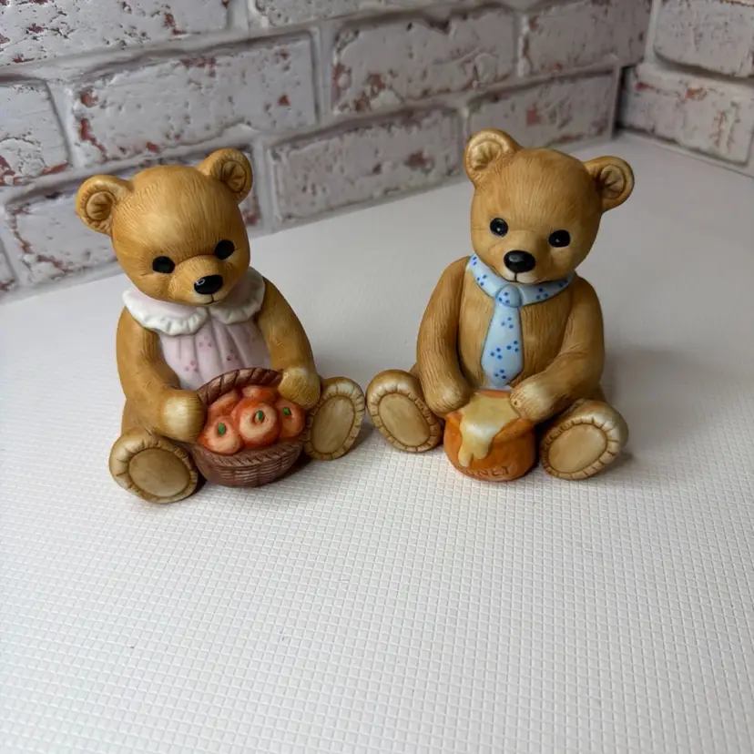 Two Ceramic Bears Homco With Apples And Boy With Honey To Sweeten It.