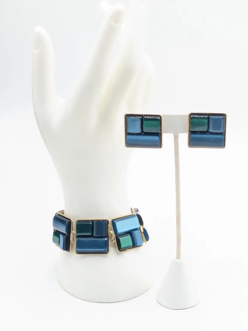 Vintage Geometric Blue Green Bracelet and Earring Set Gold Tone