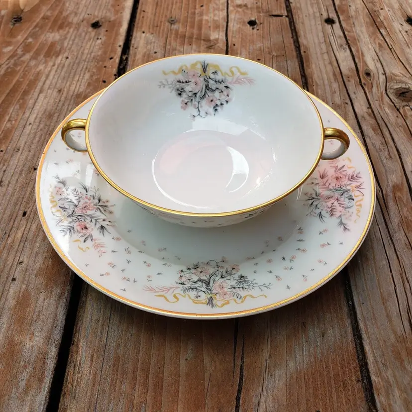 HAVILAND'S PAISLEY Soup Bowl (4 3/4" Diam.)  & Saucer (7 1/2" Diam.) Floral France