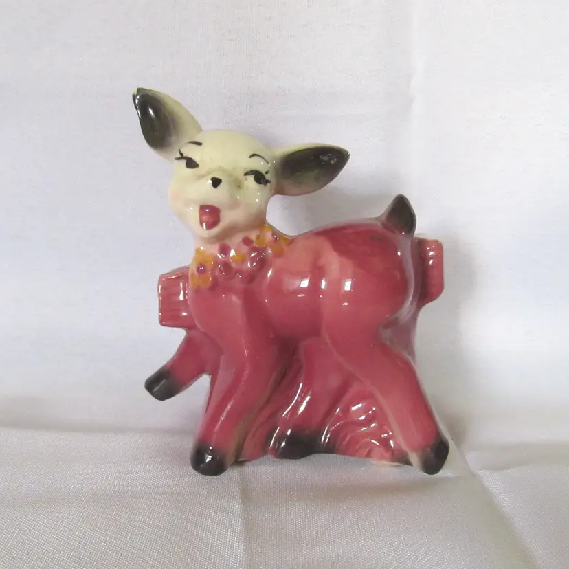 Vintage Unmarked Pottery Pink Floral Deer Fawn Planter