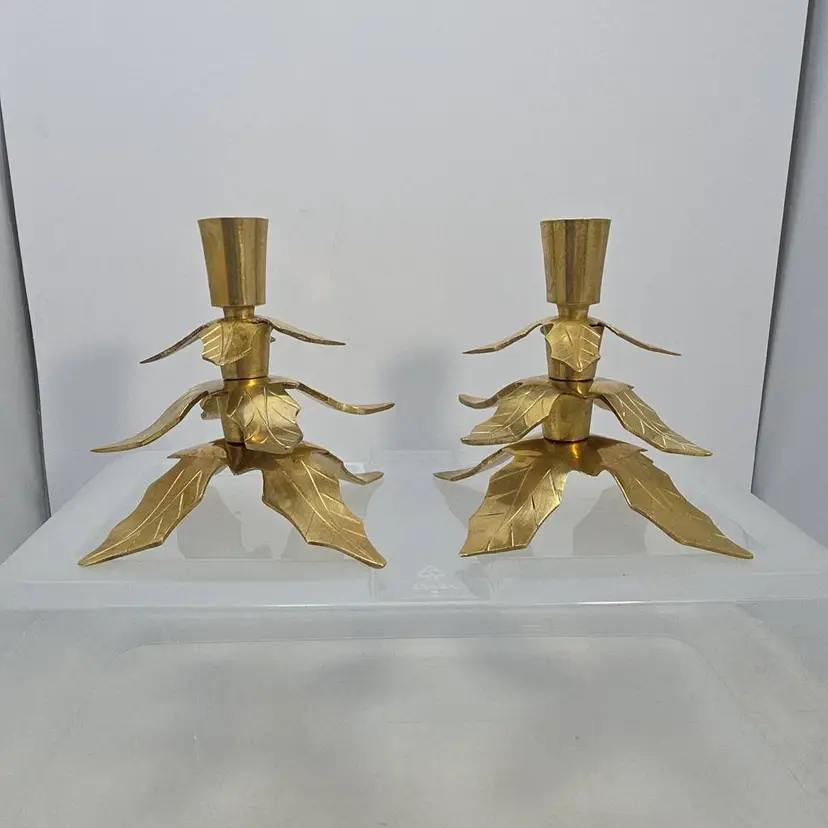 Brass Holly Leaf Candle Holders Vintage Christmas Heavy Mattched Pair
