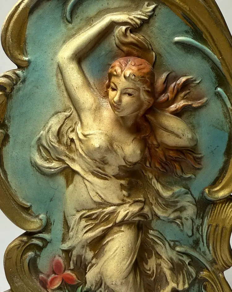 Antique Vintage Art Nouveau Relief Plaster Sculpture Dancing Woman Flowing Hair