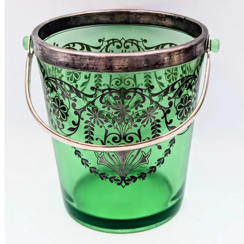 GLOWS!!!  Vintage green uranium glass ice bucket with silver overlay