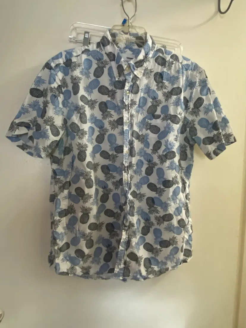 Sonoma Mens Button Down Shirt L Large White With Blue Gray Pineapples Print