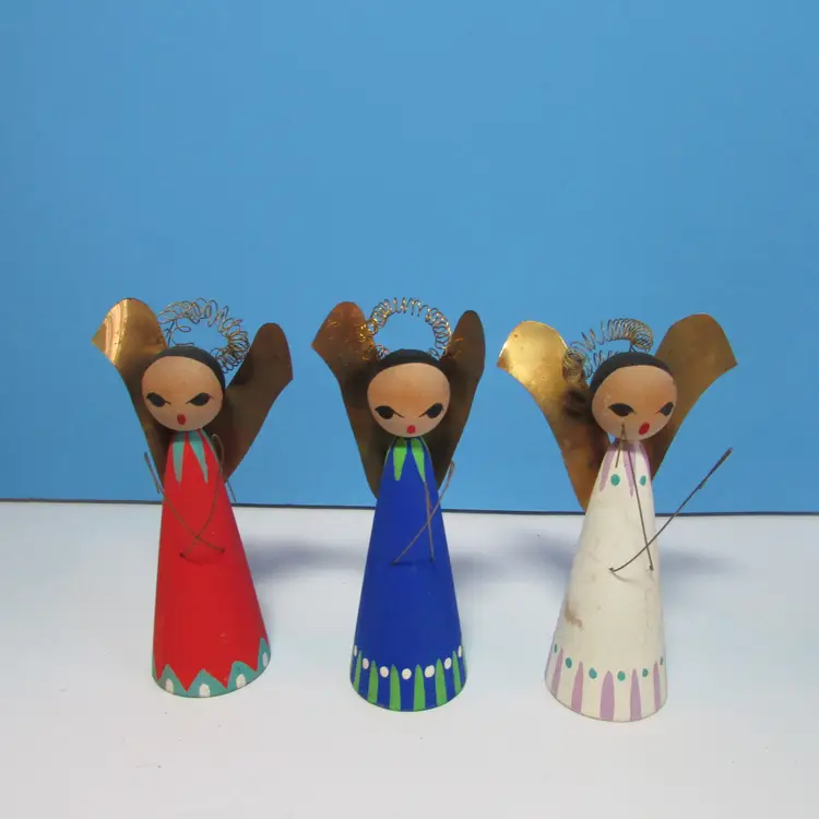 lot of 3 MCM wooden angel ornaments red white blue made in Sweden 4 1/2" tall