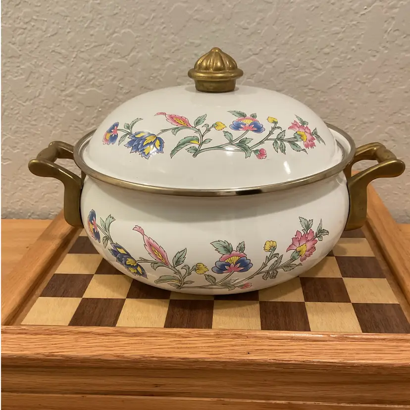 Vintage Floral Enamel & Brass Pot