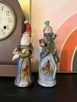Vintage Hand-Painted Santa & Snowman Ceramic Figurines: Folk Art Christmas Decor