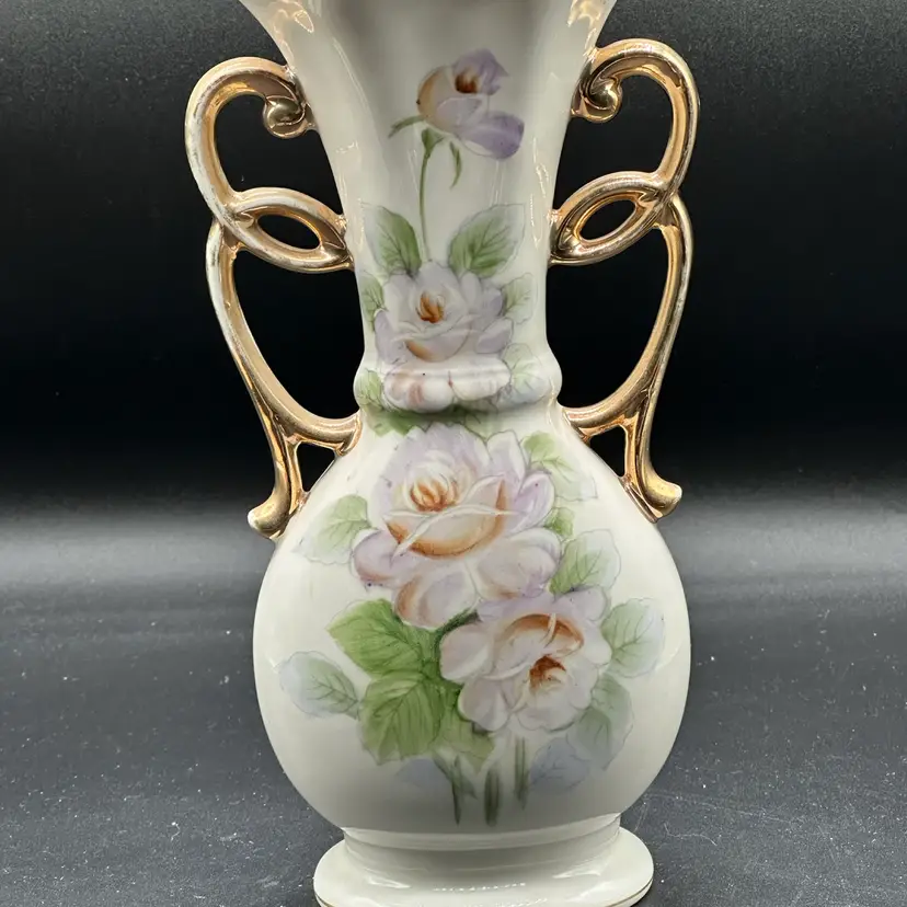 Enesco Ceramic Hand Painted Yellow Flowers 2 Handles 8 1/2" Vase With Gold Trim