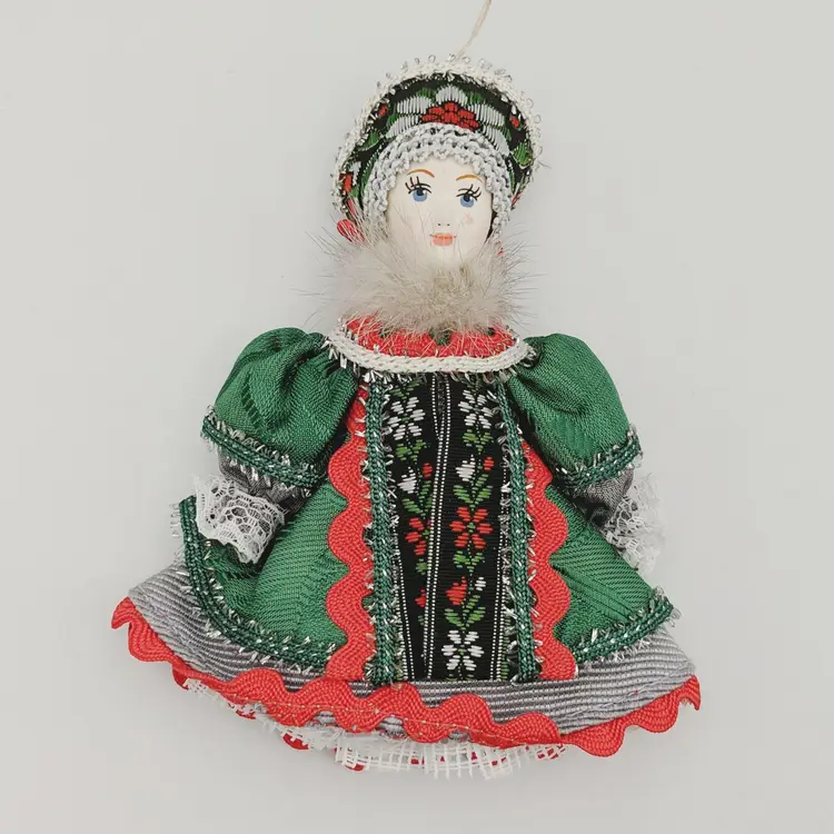 Vtg Porcelain Russian Doll Ornament Traditional Costume Dress Green Red Silver