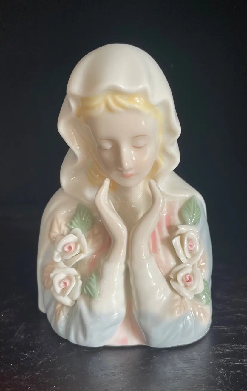 Vintage Blessed Mother. Virgin Mary. Madonna. Bust With 3D Flowers. Porcelain