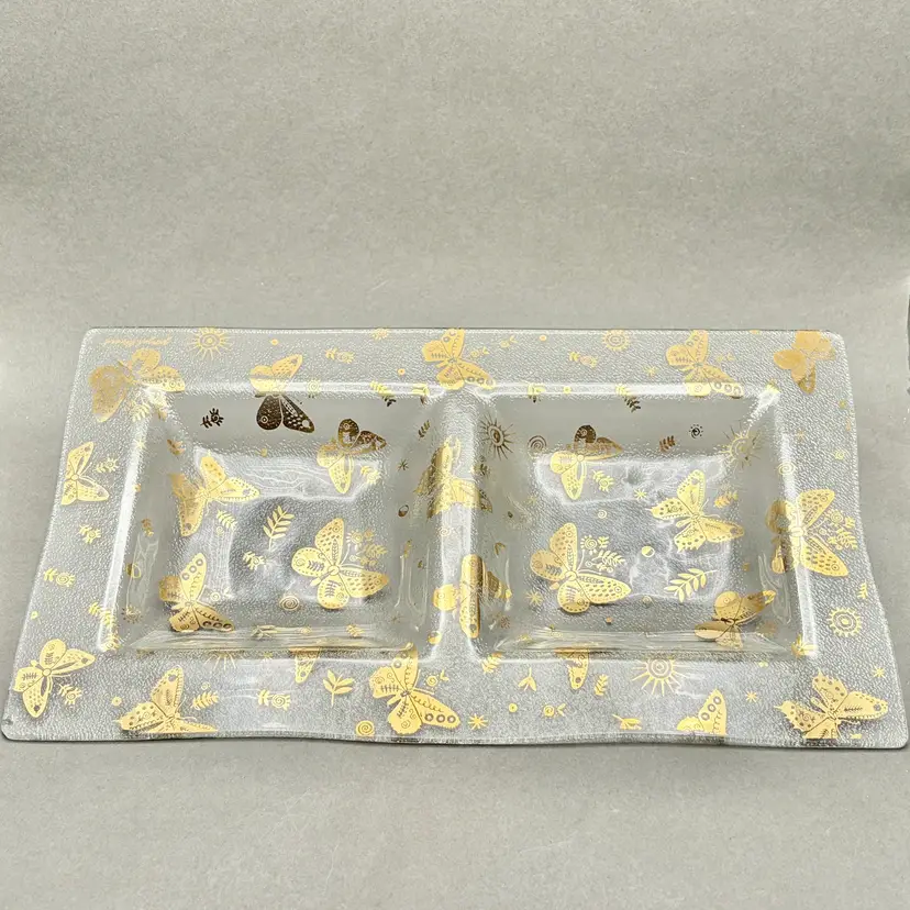 Vintage Mid Century Modern Georges Briard "Golden Butterflies" Glass Divided Serving Dish