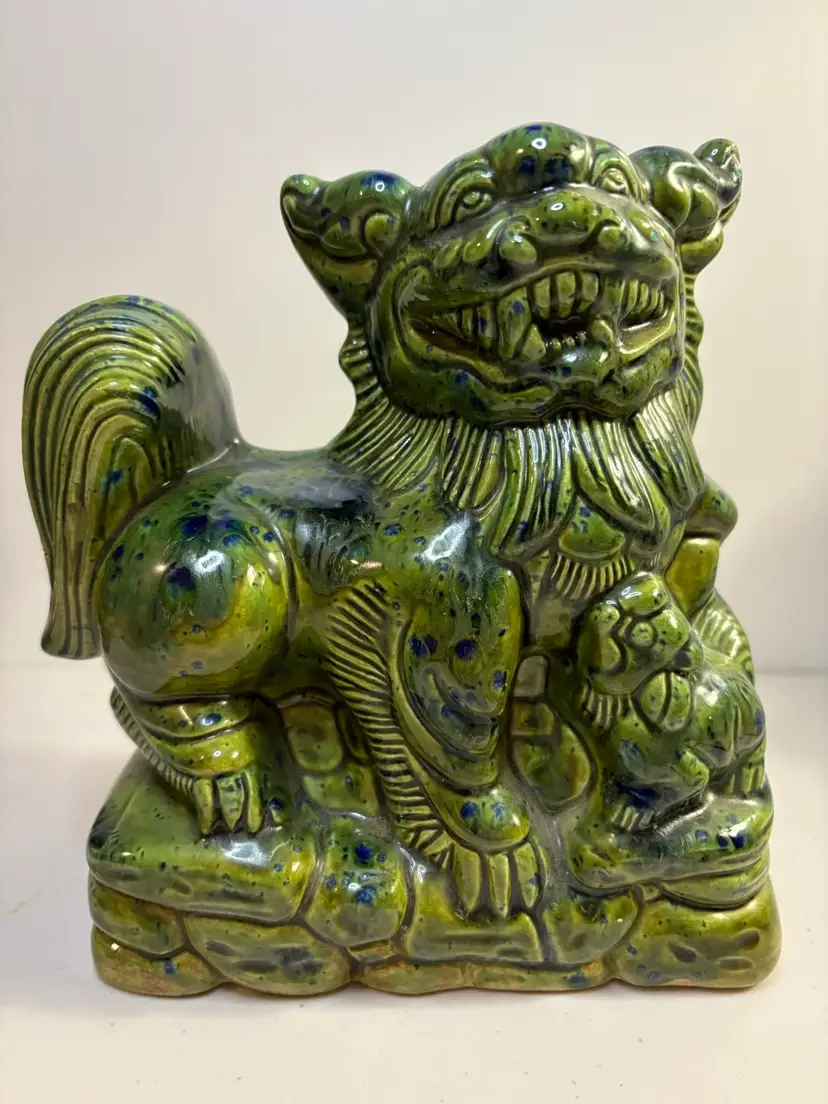Vintage Green Majolica -glazed ceramic Chinese Foo Dog (guardian lion) figural