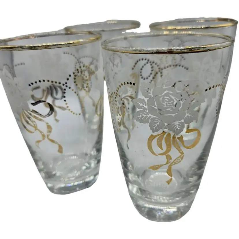 Vintage Libbey Rose and Ribbons Gold Glass Set of 4