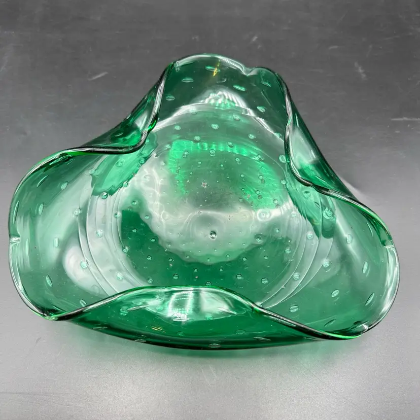 Art Glass Handblown Chalet Lorraine Ashtray Green Bullicante Controlled Bubbles Cigar Pipe Cigarette Bowl