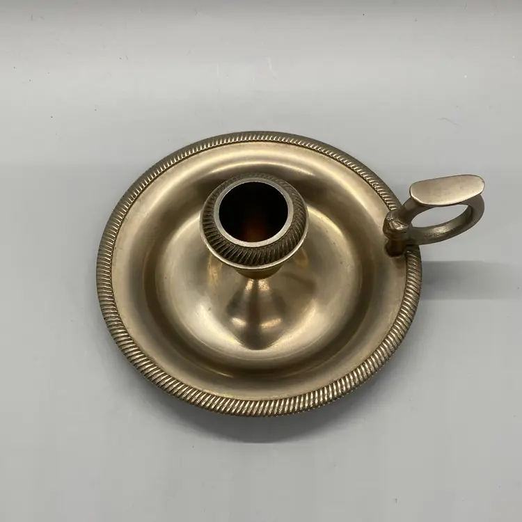 Vintage Pewter Colonial Chamberstick Candle Holder with Finger Loop