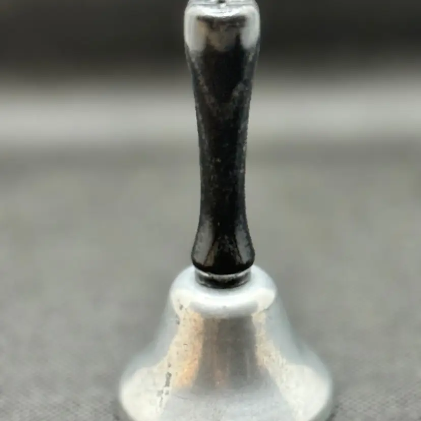Vintage 1970’s Small Silver Tone & Black Wooden Handle Schoolhouse Dinner Bell, Unbranded