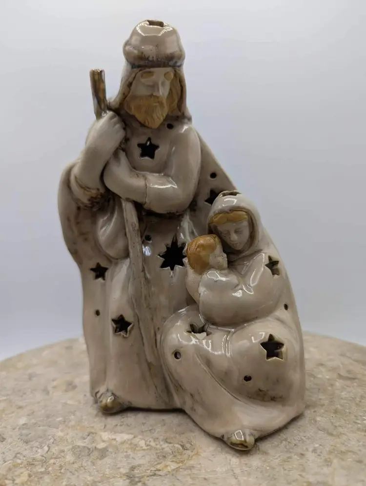 Vintage Mary Joseph Jesus Stars Nativity Scene Stoneware Ceramic Tea light Figurine