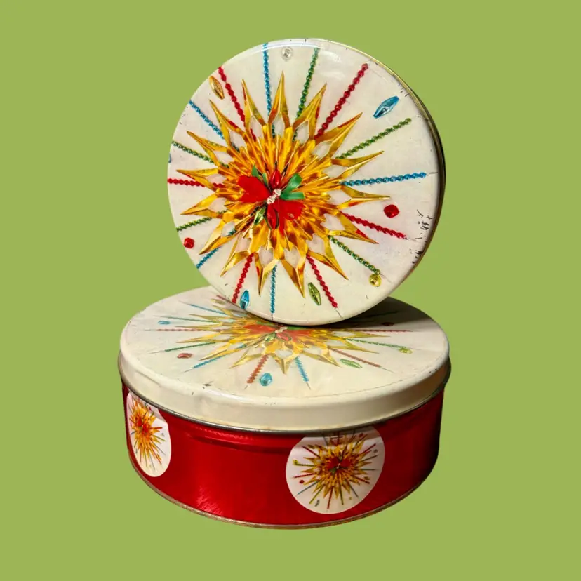 6.5” & 8” Vintage MCM Cookie Tin PAIR, 2 PC, Christmas Starburst, 2 Sizes READ