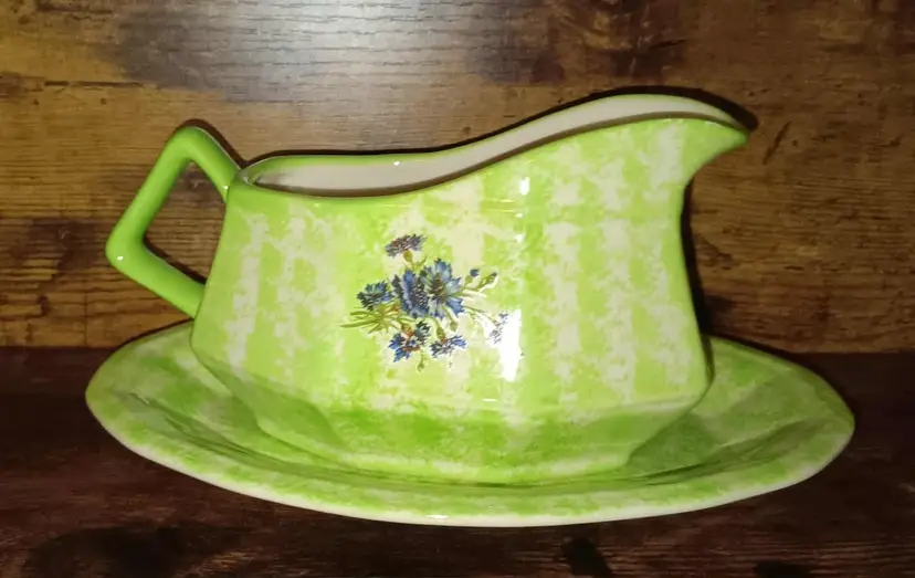 1982 Gravy Boat with Saucer Green Color with Flowers Accent