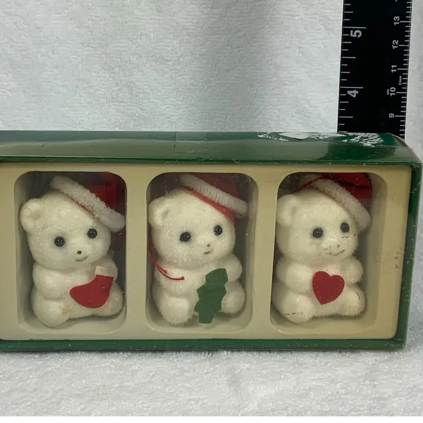 Set Of 3 Flocked Christmas Bears CHRISTMAS ORNAMENT In The Box