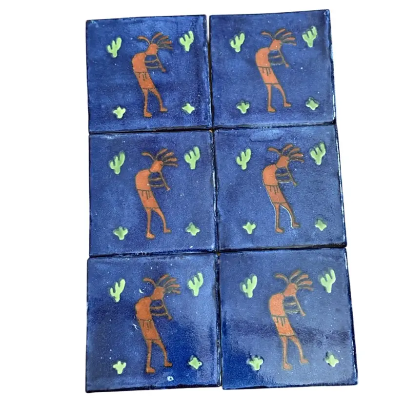 Six Talaveras hand-painted clay tile featuring Kokopelli