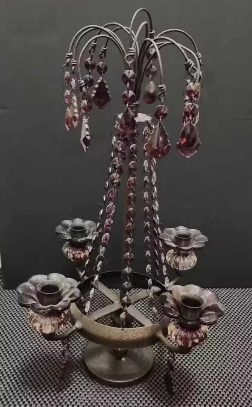 Vintage Wrought Iron Tabletop Candelabra with Purple Crystal Accents - 19 Inches Tall