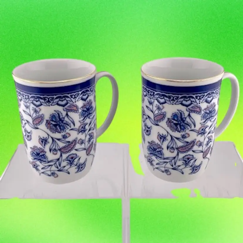 2 Vintage Otagiri Blue Flower by Mary Ann Tea/Coffee Mugs with Gold Trim 4" Tall x 4" Across at the Handle