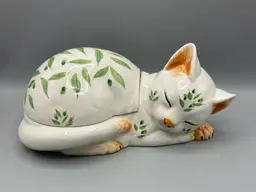 Vintage Meiselman Imports Italy Hand Painted Sleeping Cat Figurine with Mouse - Trinket Box