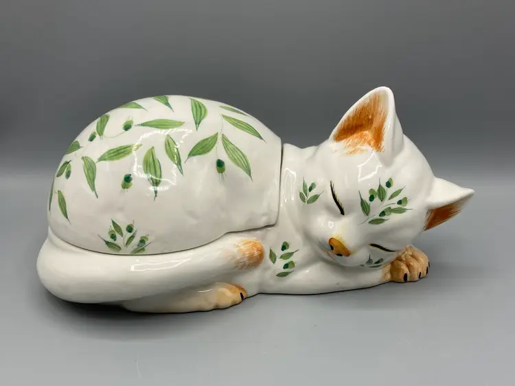 Vintage Meiselman Imports Italy Hand Painted Sleeping Cat Figurine with Mouse - Trinket Box