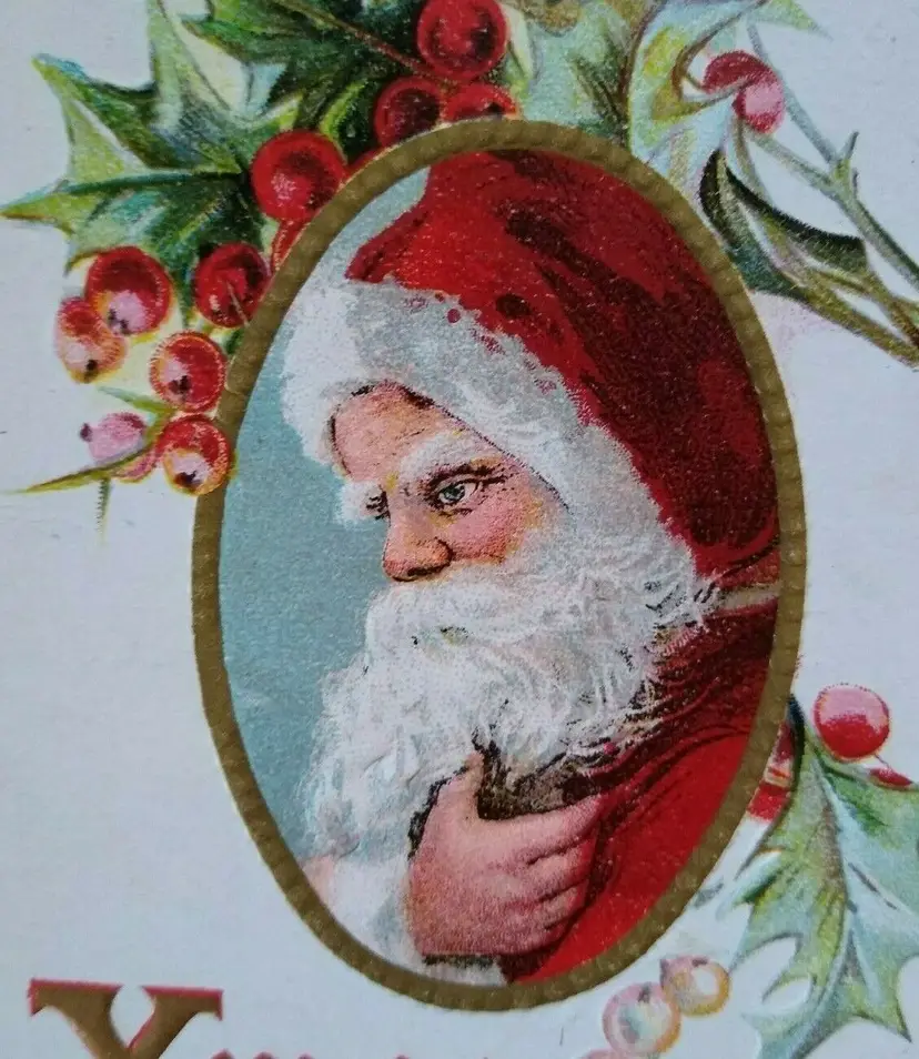 Santa Claus In Oval Xmas Greetings Christmas Postcard Embossed Original Vintage