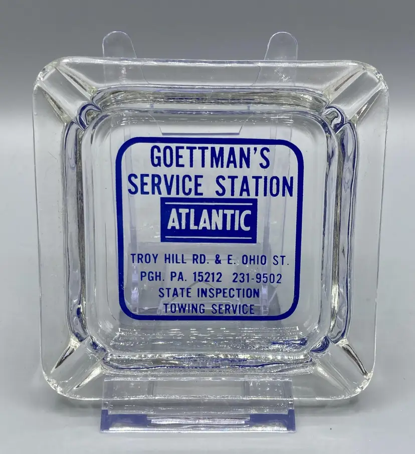 Atlantic Service Station Glass Ashtray - Advertising Pittsburgh PA Blue - Vintage