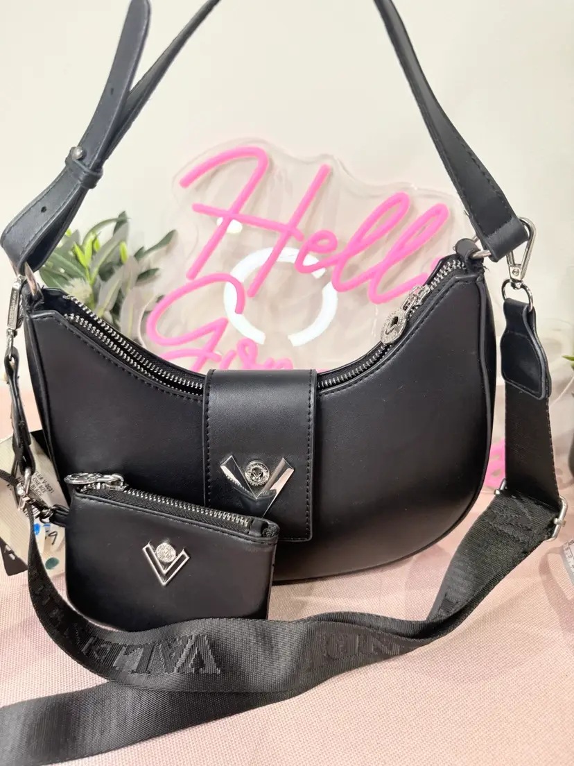 Valentino Orlandi Crescent Black Shoulder Bag Vegan Leather Gift Crossbody Strap Coin Purse