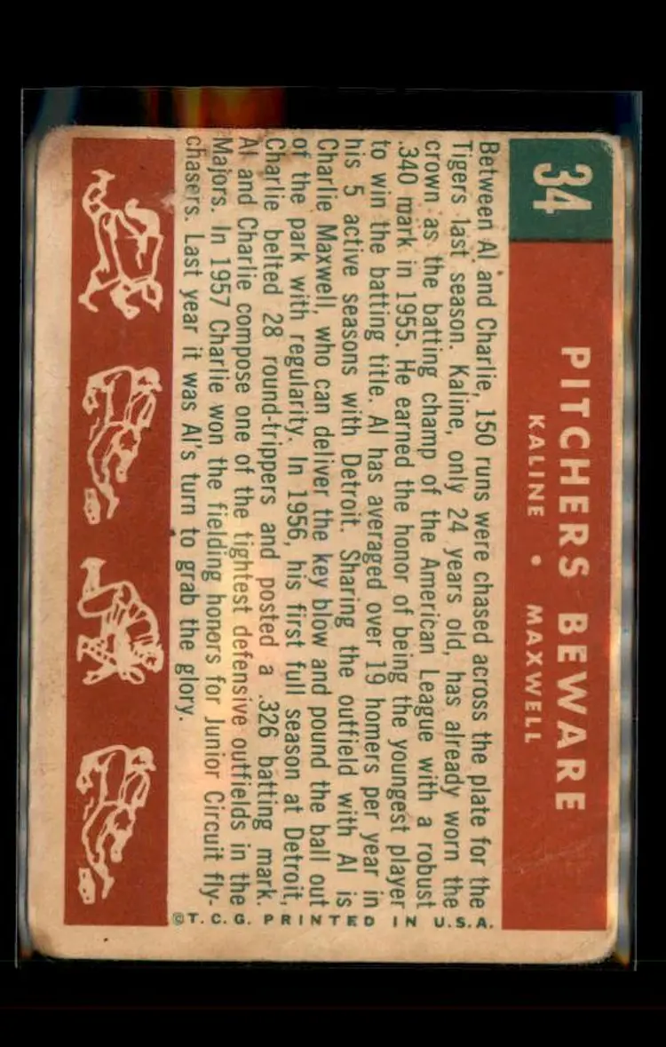 1959 Topps #34 Pitchers Beware (Al Kaline / Charlie Maxwell) - (pk4) - Detroit Tigers