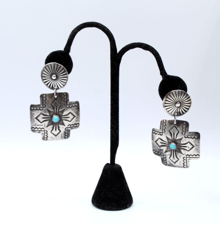 Vintage Native sterling silver turquoise cross pierced dangle earrings 15.7g