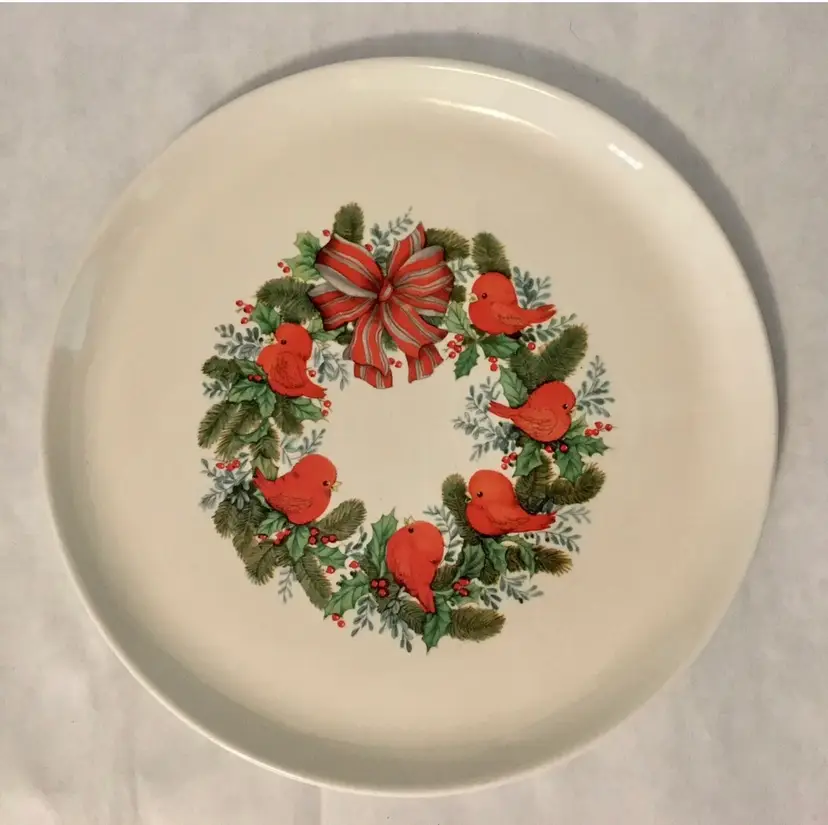 VINTAGE Transfer ware CHRISTMAS Cardinal Bird Handmade Hobbyist 8” PLATE 1985 Cute