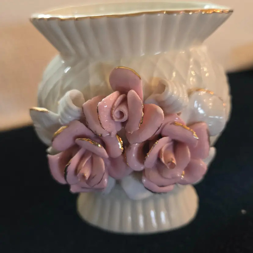 Vintage Vase With Gold Trim And Pink Roses