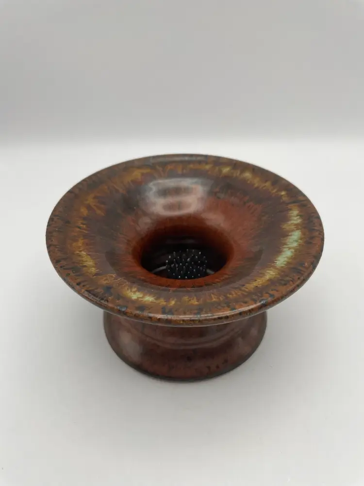 Handmade Glazed Pottery Ikebana Vase, Metal Frog, Brown/Rust/Mint Green, Signed Garnett