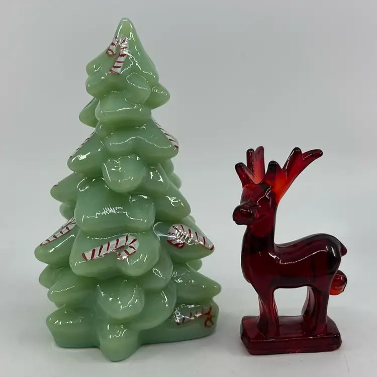 05 Jadeite Candy Cane Painted 5.5”
Tree & Ruby Red Amberina Deer 3.75” ~ Mosser Glass