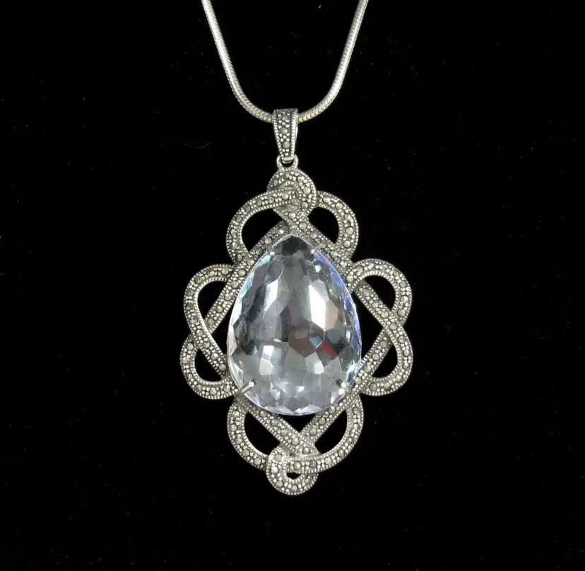 Amazing CFJ Sterling MARCASITE Clear Faceted Pendant Silver Large 18" Necklace
